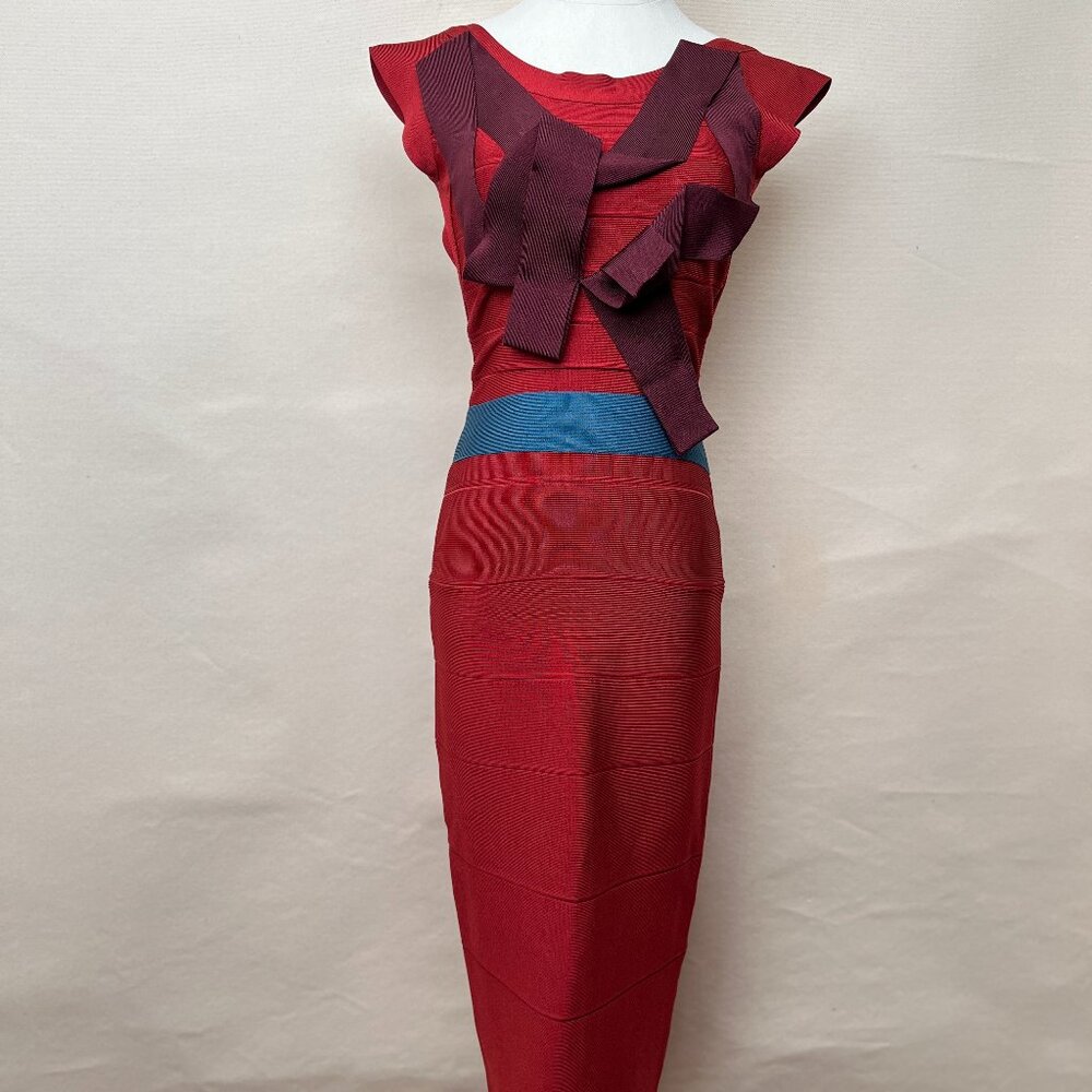 Herve Leger Red & Blue Bandage Bodycon midi Dress with Crisscross Detail, Size X